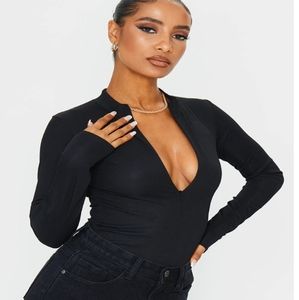 Black rib zip up long sleeve bodysuit